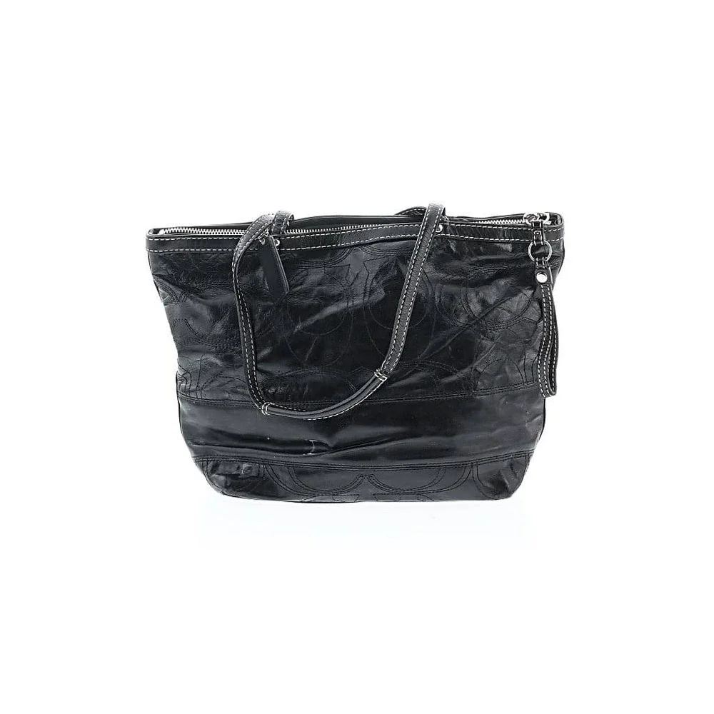 Coach Black Leather Embossed Signature C Tote Shoulder Bag Zip Top